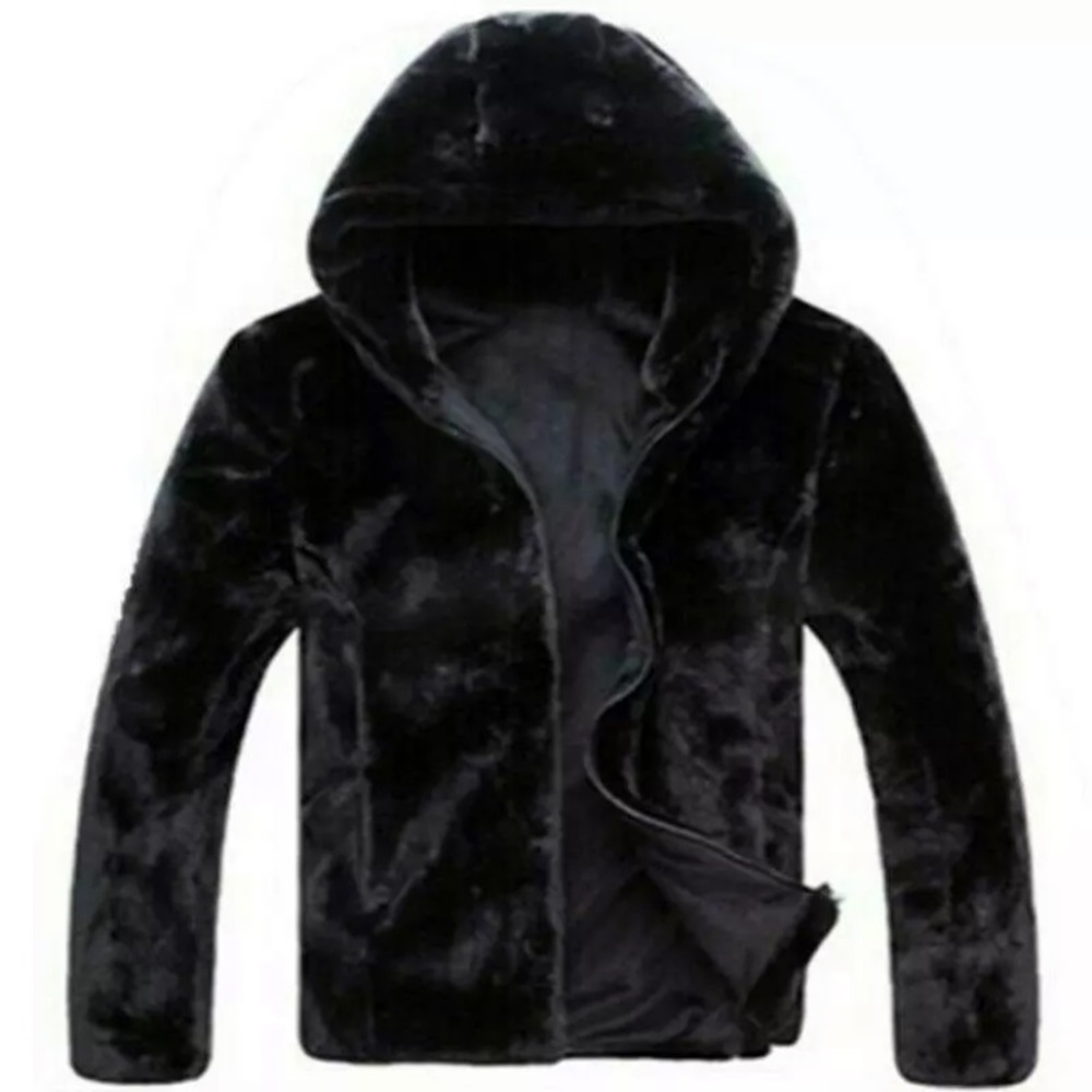 Faux Mink Fur Coat (Black) with Hood (attached) and Zipper Closure